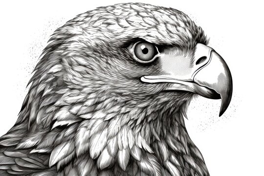 recommend clip art: Black and white Vintage engraved art of a close-up portrait of an eagle isolated on white background, ink sketch illustration, simple vector art design, highly detailed line art, high contrasty.