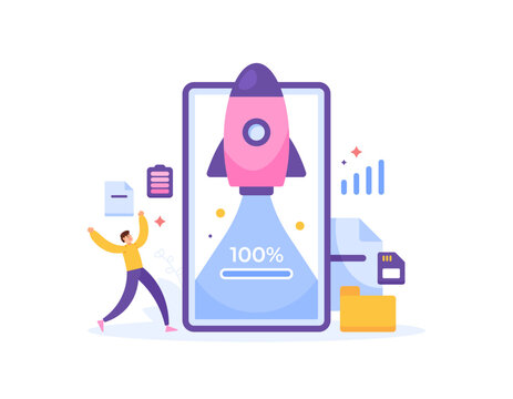 booster app concept. software to boost or improve smartphone performance. junk cleaner and battery optimizer. illustration of a smartphone with a rocket launching. flat style design. graphic elements