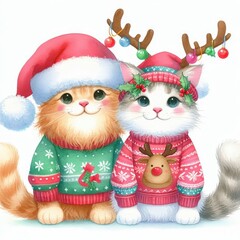 Two adorable cats wearing Christmas sweaters and hats. One cat is wearing reindeer antlers.