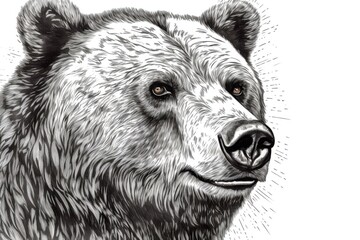 Black and white Vintage engraved art of a close-up portrait of a bear isolated on white background, ink sketch illustration, simple vector art design, highly detailed line art, high contrasty 
