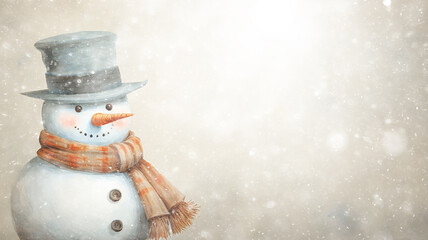 snowman, winter christmas greeting card copy space, empty background with falling snow, abstract blurred, illustration beautiful new year greetings