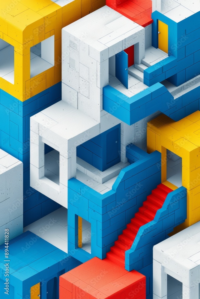Poster a colorful abstract design of a building with stairs and windows, ai