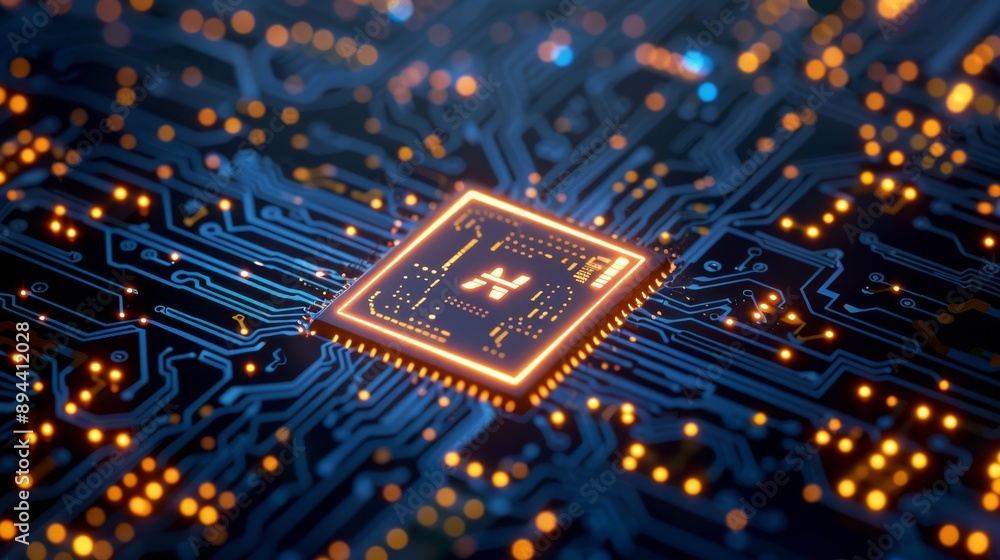 Poster close-up view of a microchip on a circuit board with glowing connections, representing modern techno