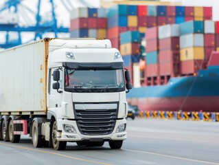 Naklejka premium Trucks and Cargo Ships at Port, A bustling port scene showcasing trucks driving alongside cargo ships, illustrating an integrated shipping system, ample copy space available.