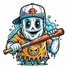 an angry ghost with a baseball bat against a blue background