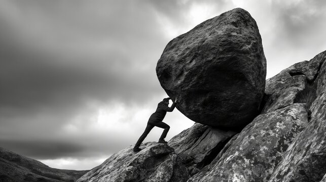 Silhouette man struggles to push massive boulder uphill on rocky terrain image. Overcast sky, rugged landscape photography scene wallpaper. Sisyphean task resilience concept photo