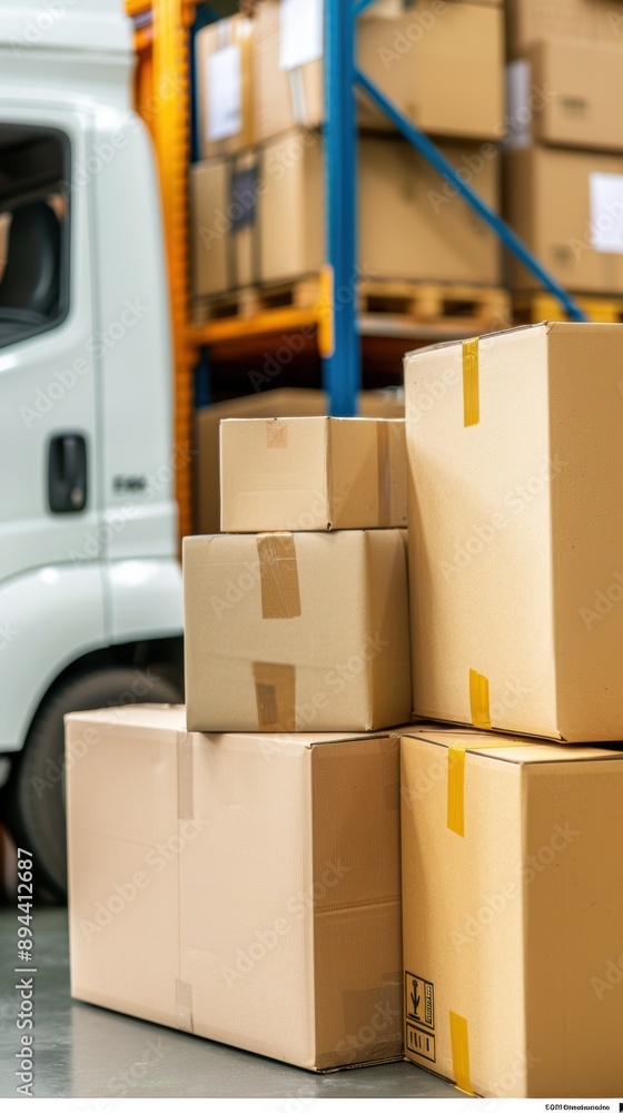 Poster dynamic delivery scene featuring a vehicle, packages, and dispatch notifications, emphasizes seamles