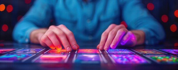 Tarot card reader with holographic cards displaying ad content, blending mysticism and technology