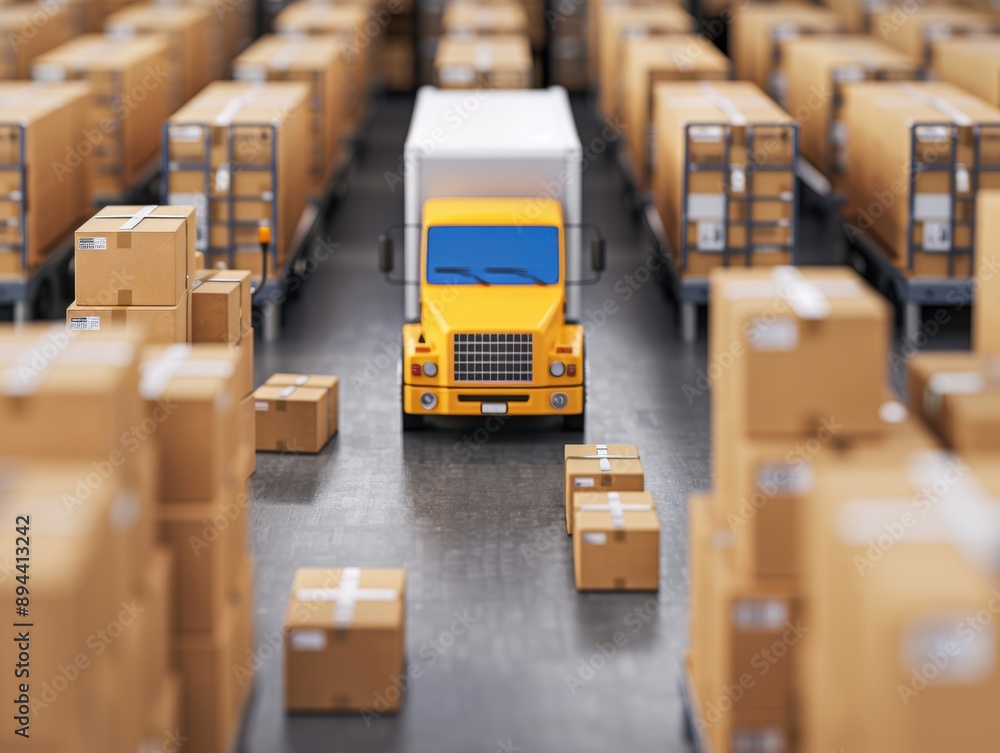 Poster warehouse dispatch hub, bustling with vehicles and organized packages, showcasing efficient logistic