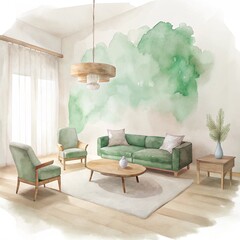 a drawing of a living room with a green couch and a coffee table.