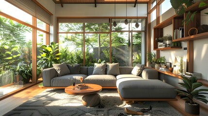 Fototapeta premium Living room with gray sofa surrounded by wood