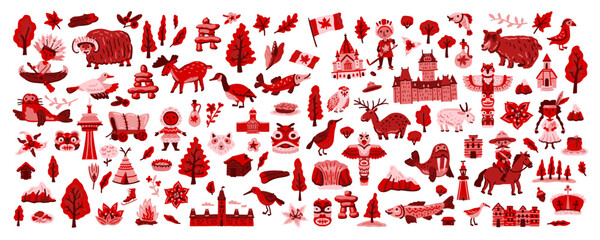 Canada vector travel symbols set. Collection of national canadian icons. Set of design elements in a hand-drawn style. Tourism. Children's doodle illustration for concept art 