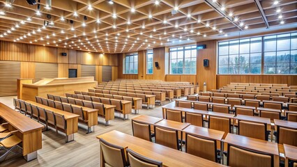 Empty university lecture hall with wooden chairs, tables, and a podium, illuminated by natural light, for educational events, seminars, and conferences.