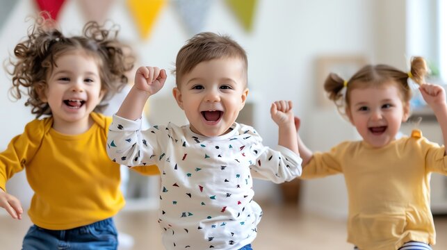 Toddlers dancing with siblings, enjoying rhythmic fun together
