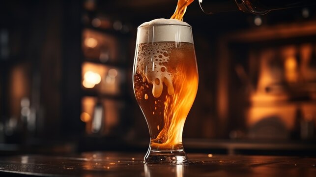 Craft beer poured in pint glass with foam at brewpub, showcasing pouring pint and bar ambiance