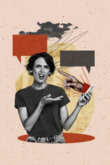 Composite trend artwork sketch image photo collage of confused young lady hand hold smartphone...