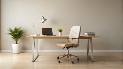 Fototapeta premium A sleek and modern workspace features a vacant chair, a laptop, and a notebook on a minimalist light-colored background.