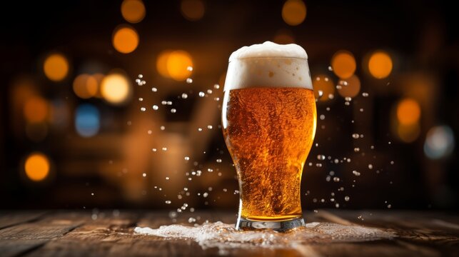 Craft beer poured in pint glass at brewpub bar scene, showcasing the inviting atmosphere