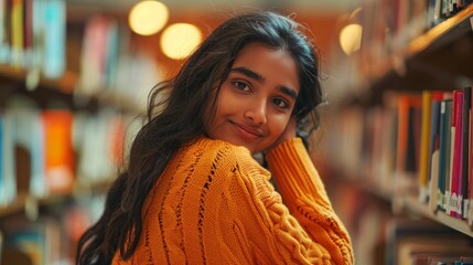 An Indian woman on the floor with books to rest, smile, and learn. After studying and college, female or academic in library, knowledge and rest.