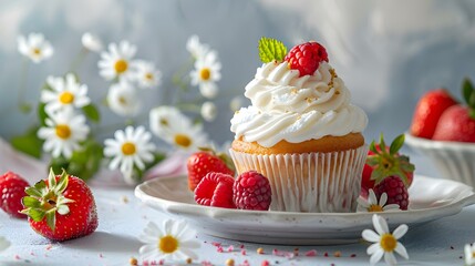 A cupcake decorated with fresh berries and whipped image