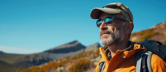 Senior Man Hiking in Mountain Landscape with Clear Blue Sky and Sunlight, Wearing Sunglasses and Outdoor Gear