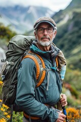 Obraz premium Senior Male Hiker with Backpack in Scenic Mountain Landscape, Wearing Outdoor Gear and Glasses, Ready for Adventure