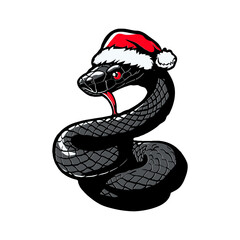 Naklejka premium Snake with a red tongue and a red Santa Claus hat on its head. Happy Chinese new year 2025. Vector illustration