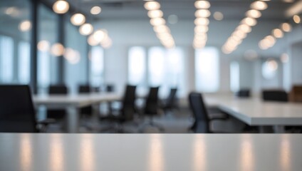 Empty white perfect table in open space office. Abstract light bokeh at office interior background for design