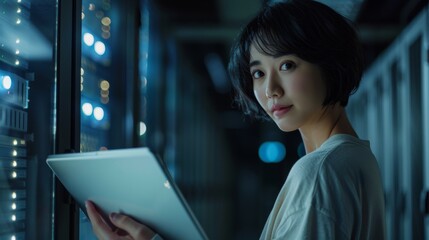 Tablet, server room, and female programmer on a mainframe. A female coder works alone on a cyber network using software, databases, and IT.