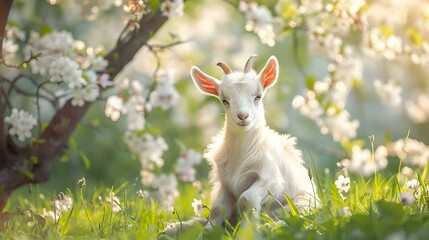 Obraz premium A baby goat playing on the green grass image