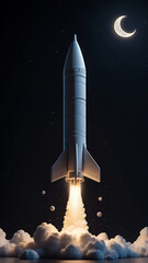 Naklejka premium A futuristic rocket launches into space amid a starry night sky with moon in the background