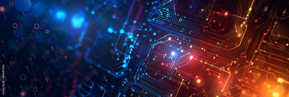 Poster abstract image of a futuristic technology circuit board with dynamic data flow and glowing elements.
