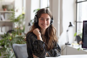 Naklejka premium Woman consultant, telemarketer, or crm communication worker smiling. Telecom, virtual advisor, office tech support, online consulting, networking