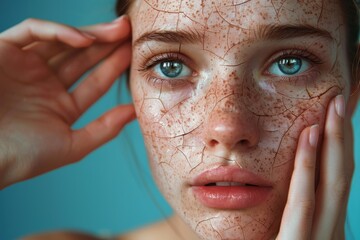 Woman, face and squeeze pimples, acne and facial scar on studio blue background. A young female model worries about skincare, aesthetic beauty cosmetics, and popping blackheads with fingers.