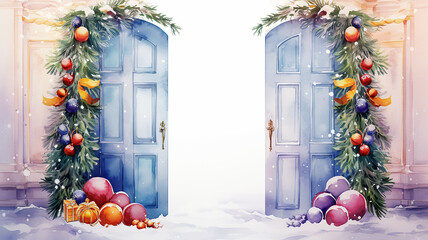 watercolor illustration christmas decorated door on white background, light, postcard greeting invitation