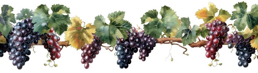 Fototapeta premium Vibrant Watercolor Grapevine with Lush Green Leaves and Ripe Grapes on a White Background