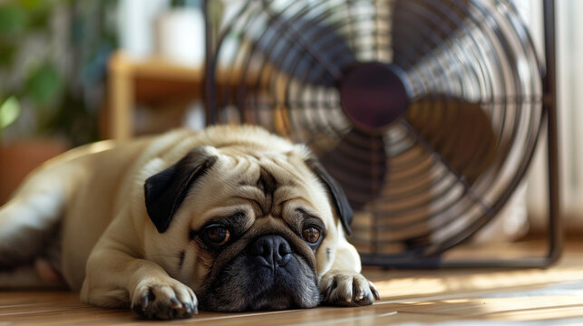 A pug dog resting in front of an electric fan during the summer heat, fanning itself to cool down, in a home environment. 