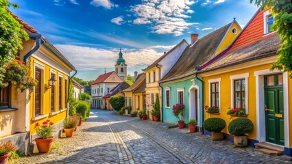 Vibrant colorful buildings line cobblestone streets in historic Szentendre old town on a sunny summer day with bright blue sky.