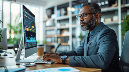 Professional analyzing charts on a modern office monitor.