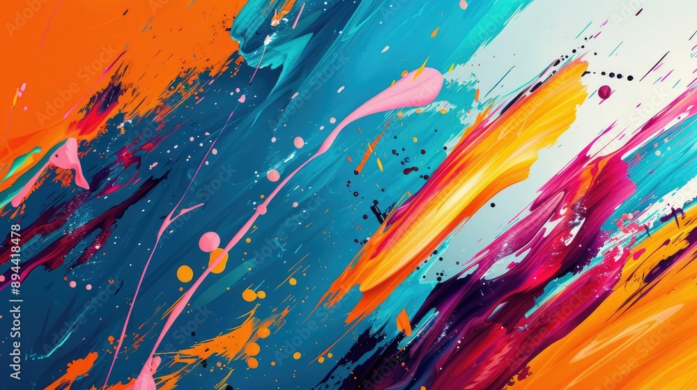 Poster a dynamic abstract background with splashes of bright colors and high-energy brush strokes