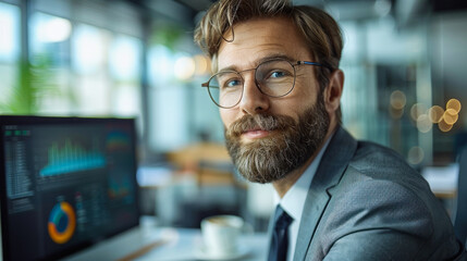 Fototapeta premium Bearded professional analyzing graphs on desktop screen