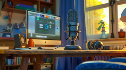 Naklejka premium Professional microphone standing on desk in home studio setup for recording podcast
