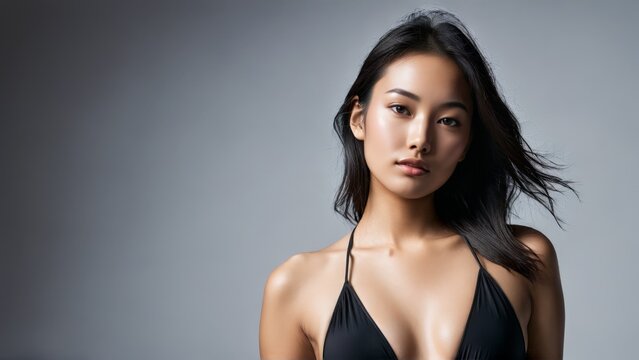 Asian Woman Minimalist in Sleek Black Monokini Minimalist design the sleek lines of the monokini