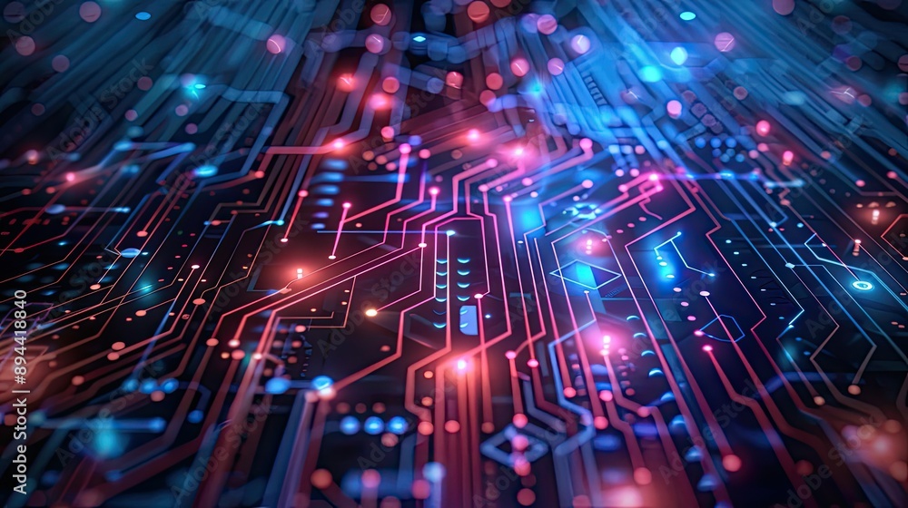 Poster a futuristic abstract background with circuit board patterns and glowing elements