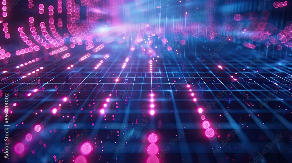 Poster a futuristic abstract background with neon lines and a digital grid pattern