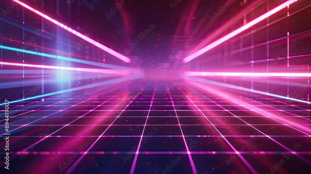 Poster a futuristic abstract background with neon lines and a digital grid pattern