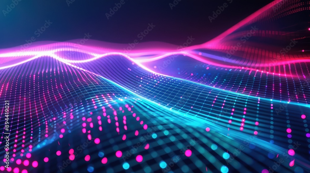 Poster a futuristic abstract background with neon lines and a digital grid pattern