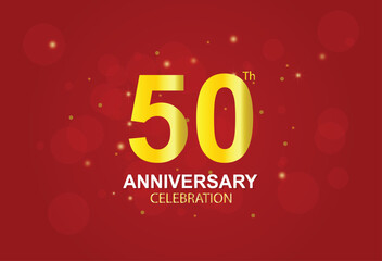 50th anniversary logo with red ribbon and gold confetti isolated on elegant background, sparkle, vector design for greeting card and invitation card.
