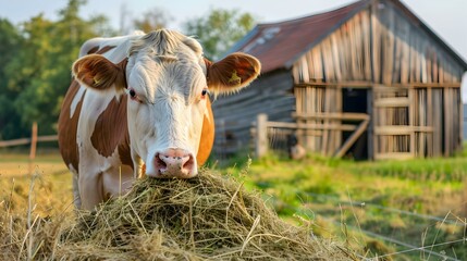 A cow chewing freshly cut hay against img