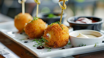 Cheese and ham croquettes served on white porcelain picture